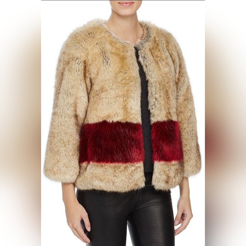 Love Token Designer Color-Blocked  Stripe Faux Fur Coat Jacket Women Large